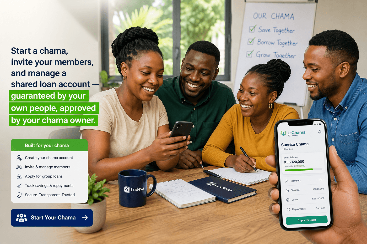 Members of a chama reviewing their shared loan account on the L-Chama app
